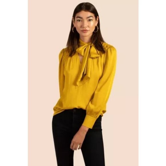 💕TRINA TURK💕 Las Lomas Top ~ CEY Mustard Yellow Neck Bow Tie XL NWT - Picture 1 of 10